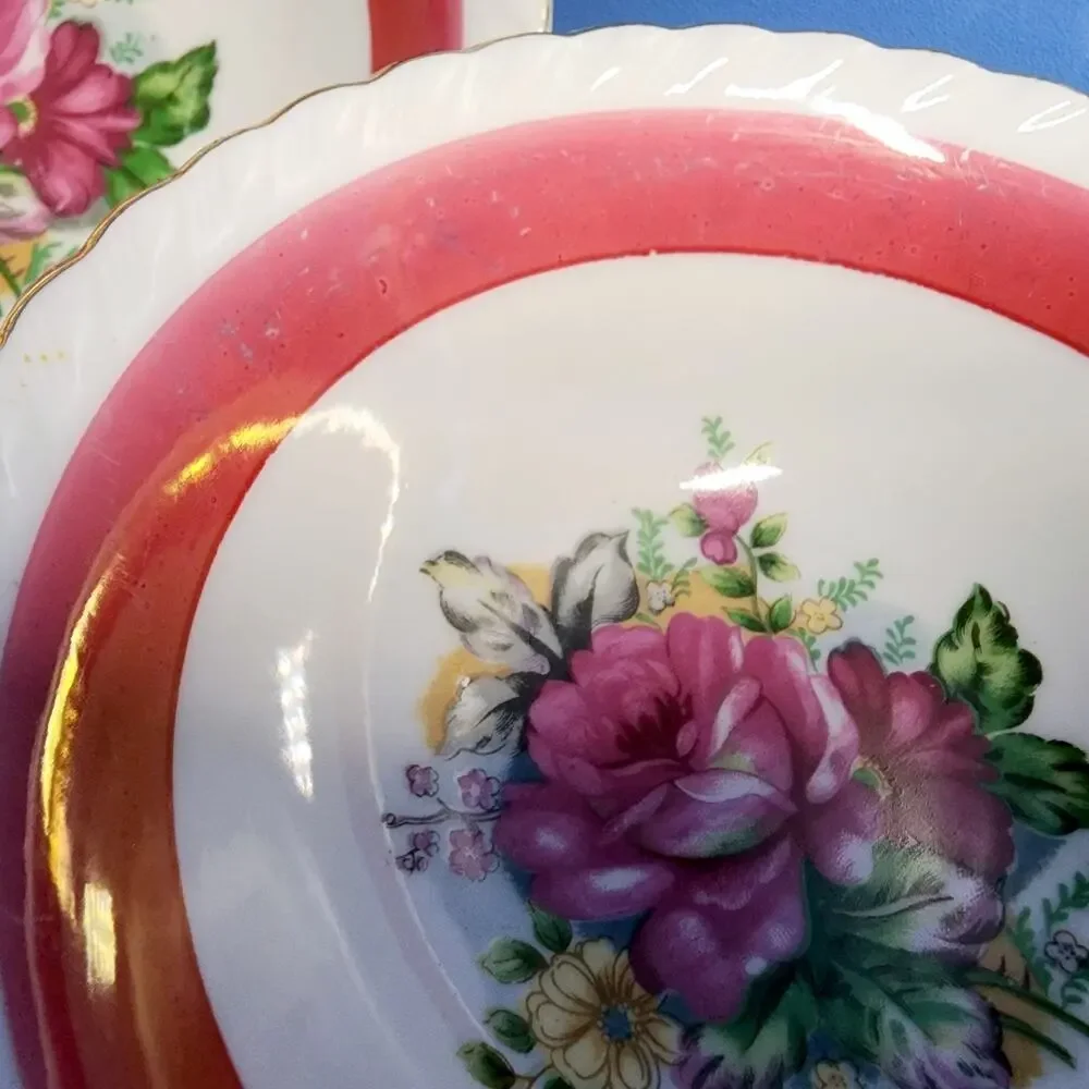 4 Westwood Luster Floral Bowls Gold Trim Pink Burgundy Set 5 1/2